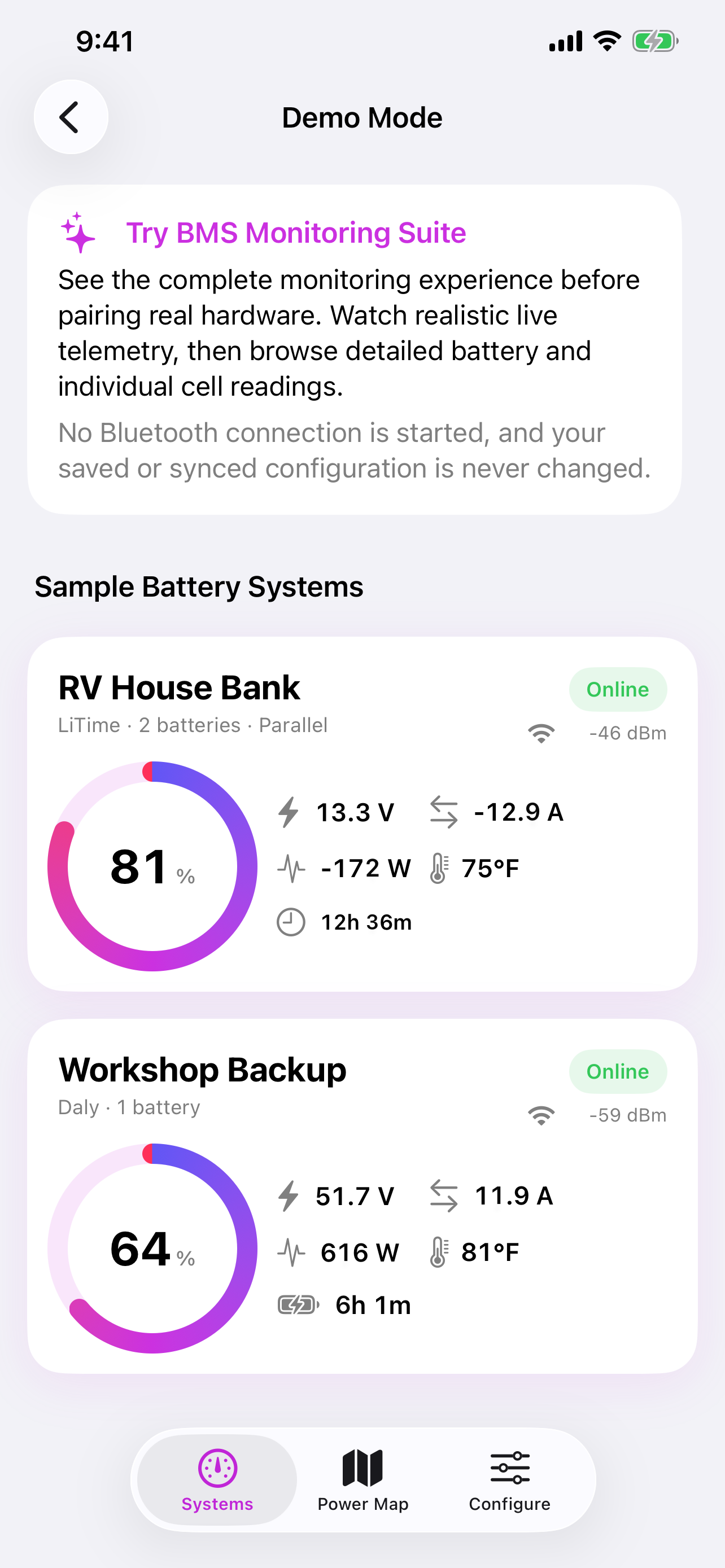 BMS Monitoring Suite dashboard showing two battery systems with live charge, voltage, current, power, temperature, and runtime