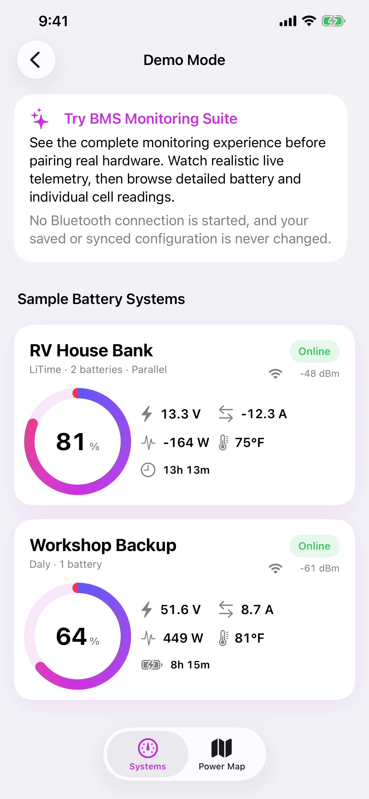 BMS Monitoring Suite Demo Mode dashboard showing two sample battery systems with charge, voltage, current, power, temperature, signal strength, and estimated runtime