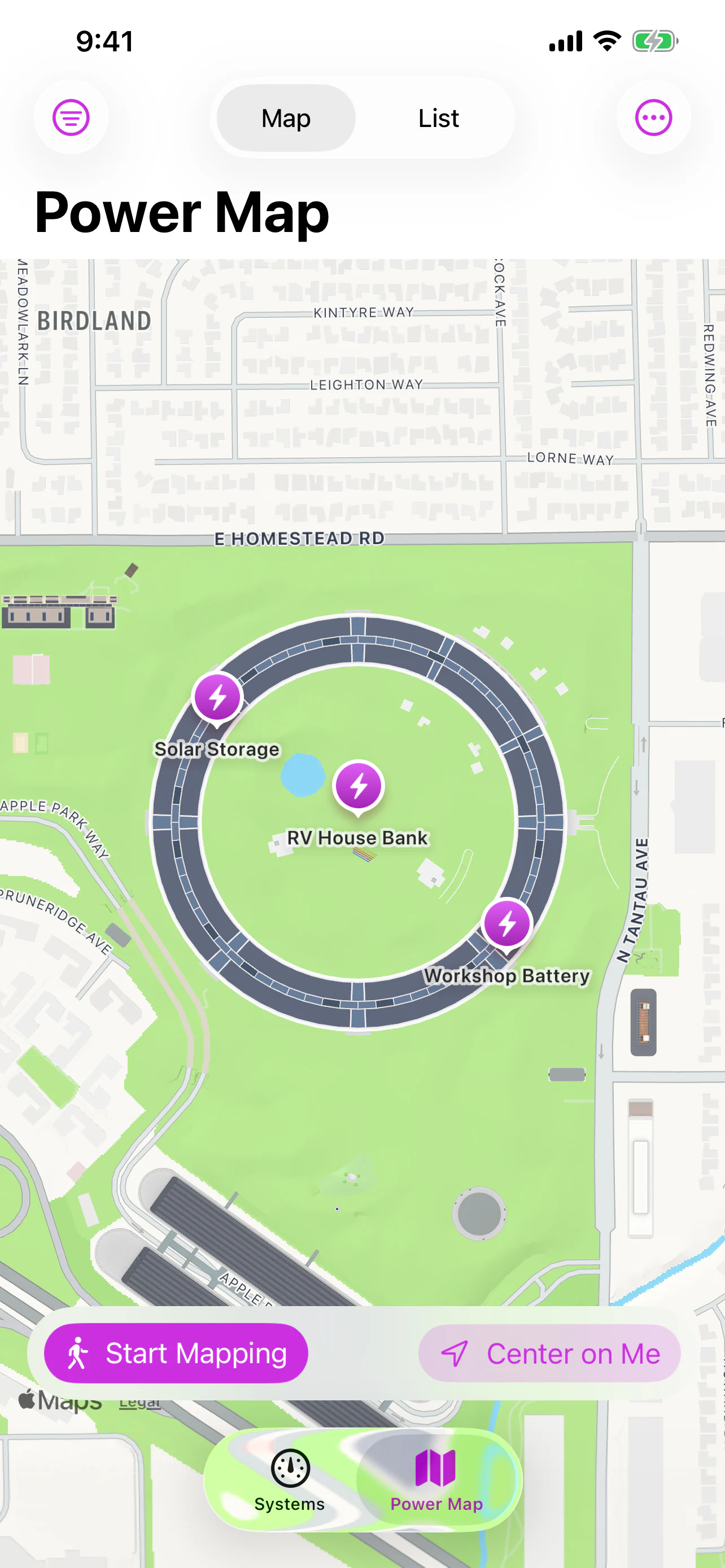 BMS Monitoring Suite Power Map showing three sample battery-system locations with controls to start mapping and center the map