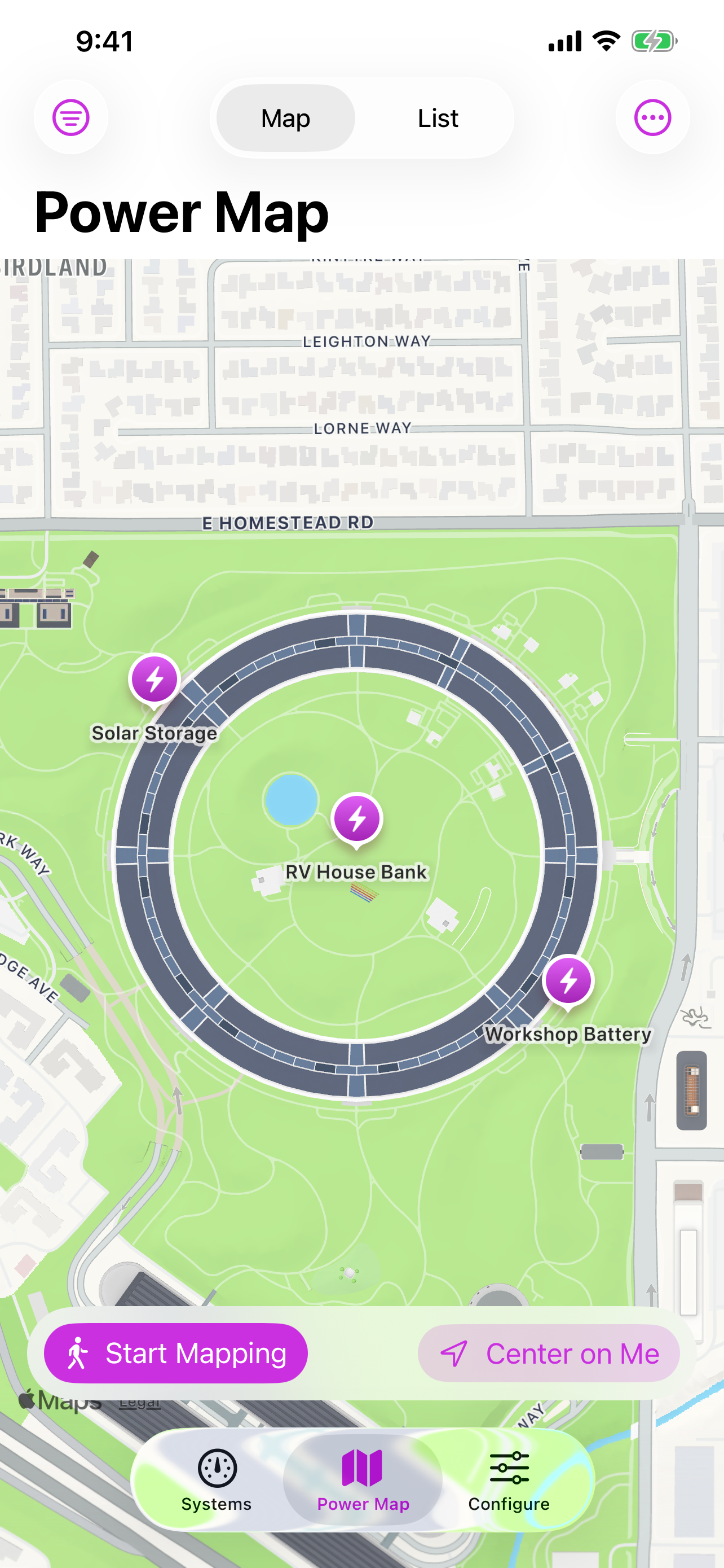 BMS Monitoring Suite Power Map showing three battery systems at their mapped locations