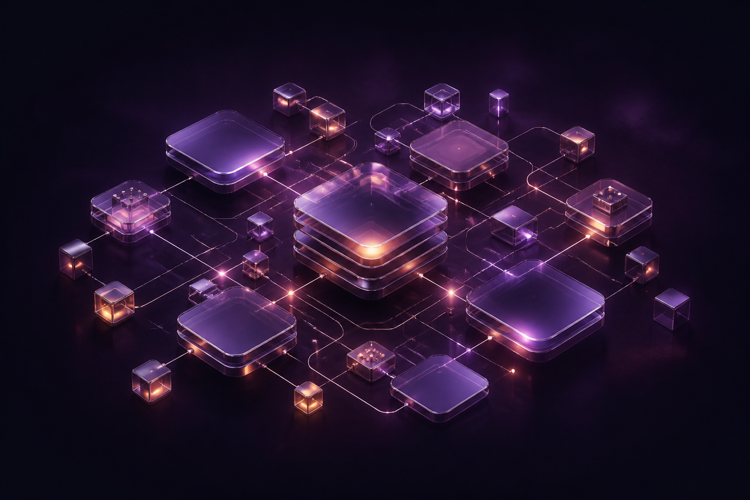 Abstract constellation of connected violet and ember-colored modules representing focused software tools