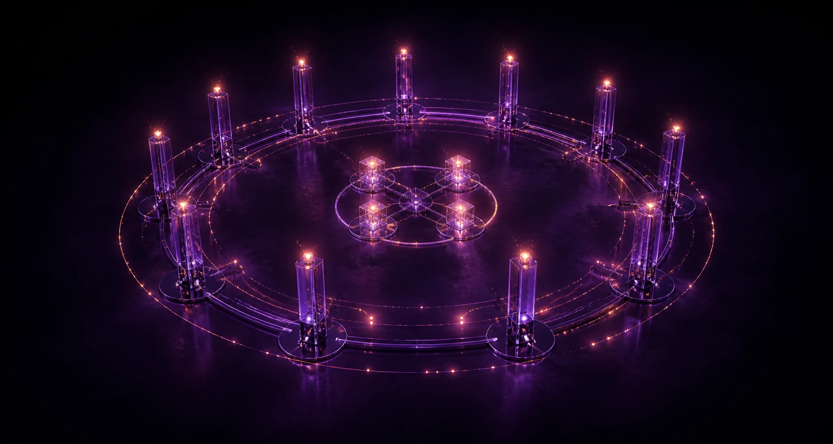 Abstract violet circular installation with twelve outer rhythm points and four connected inner nodes glowing with controlled ember light