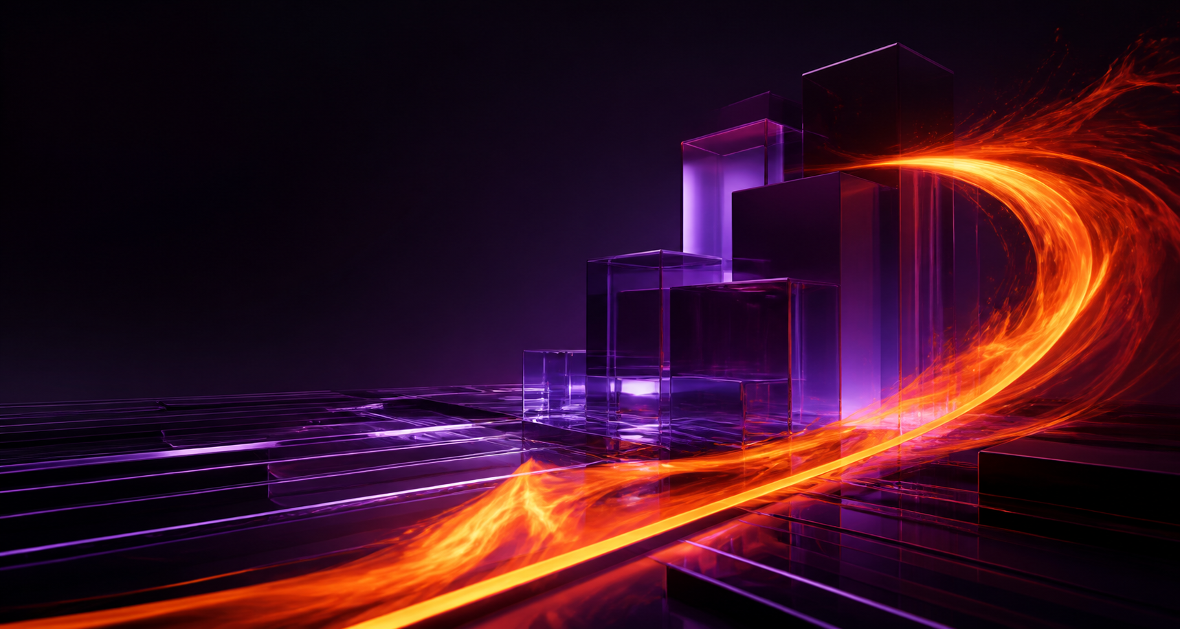 Violet glass structures crossed by a controlled arc of orange fire