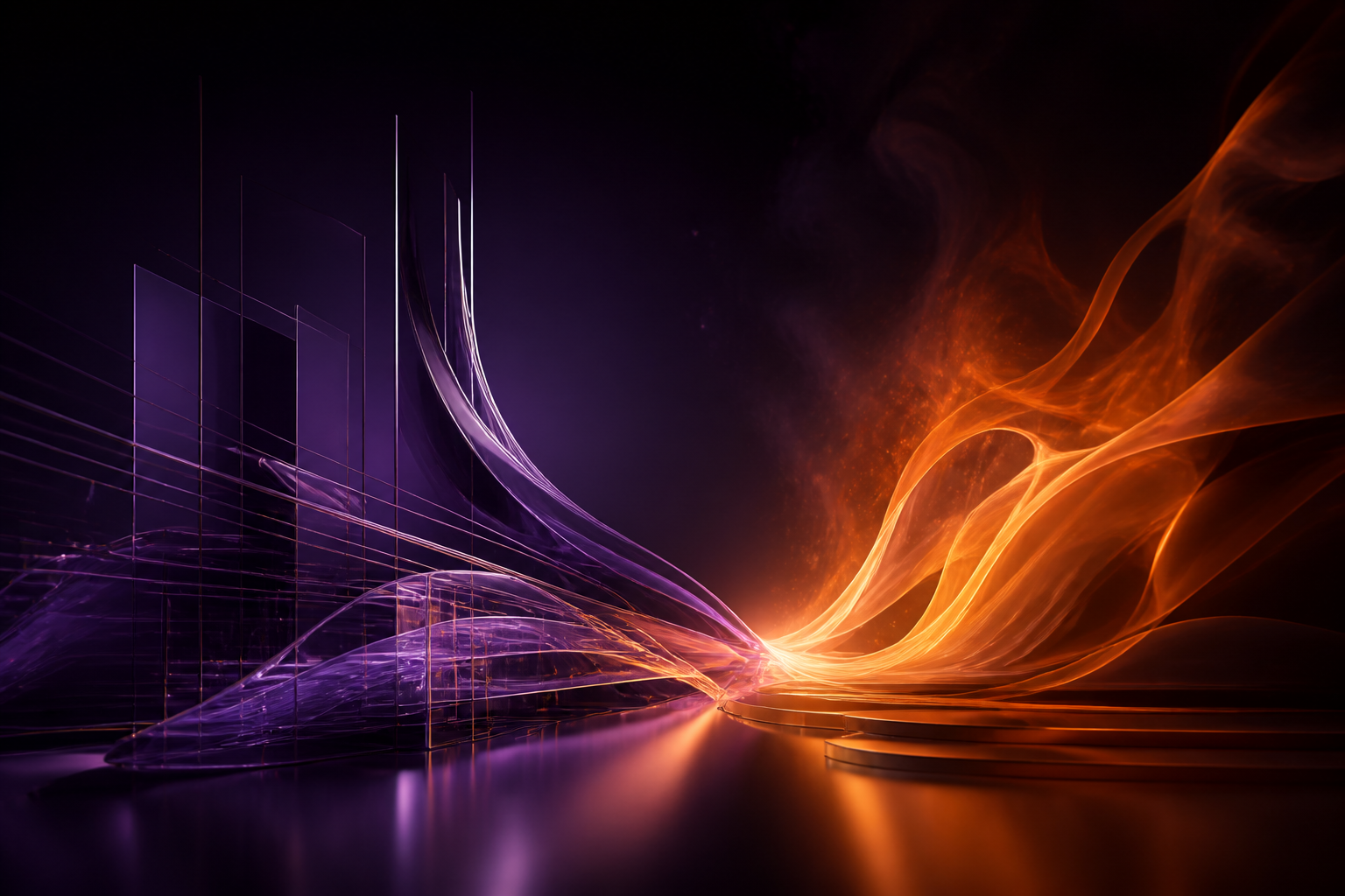 Abstract violet engineering forms flowing into controlled ember-orange fire