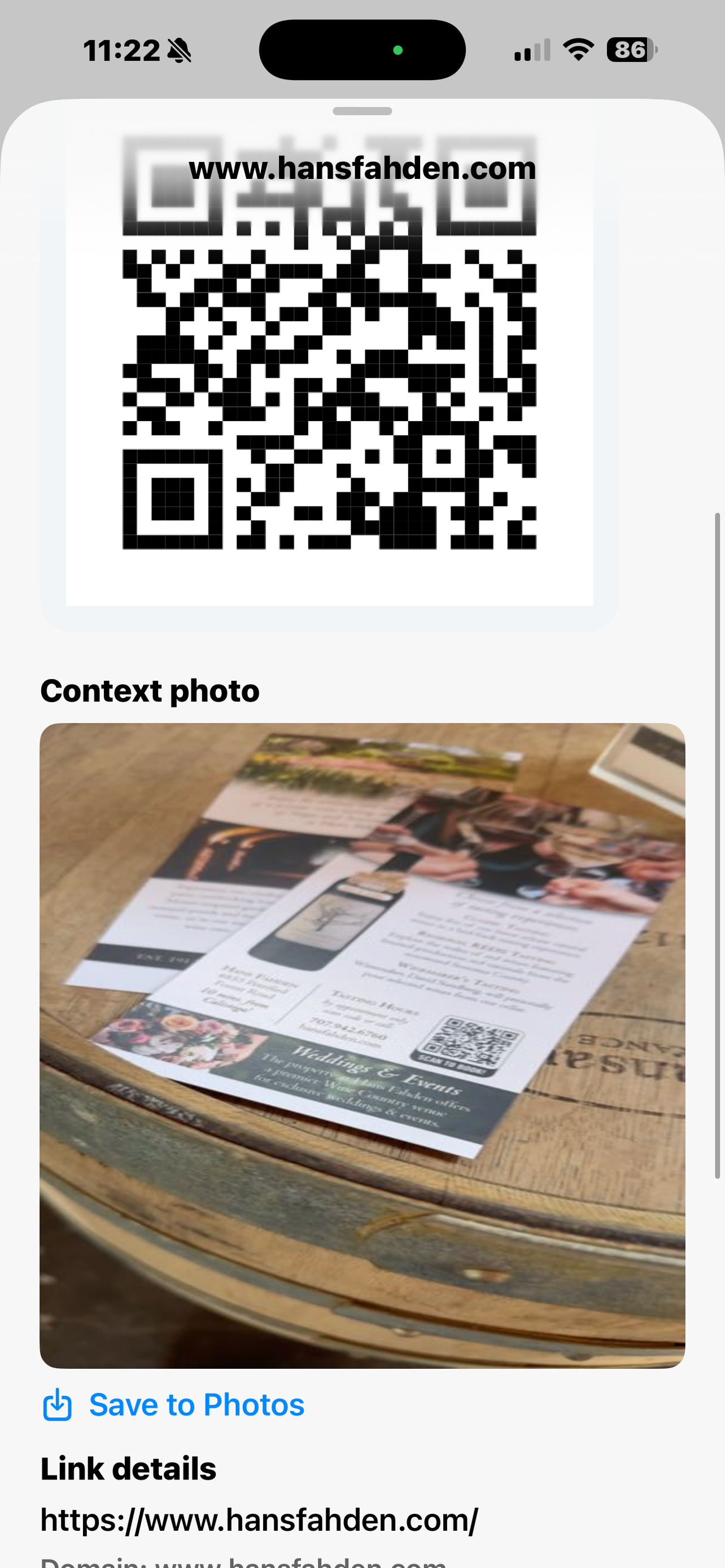 QR Code Expert result page showing the scanned QR code, a context photo, and decoded link details