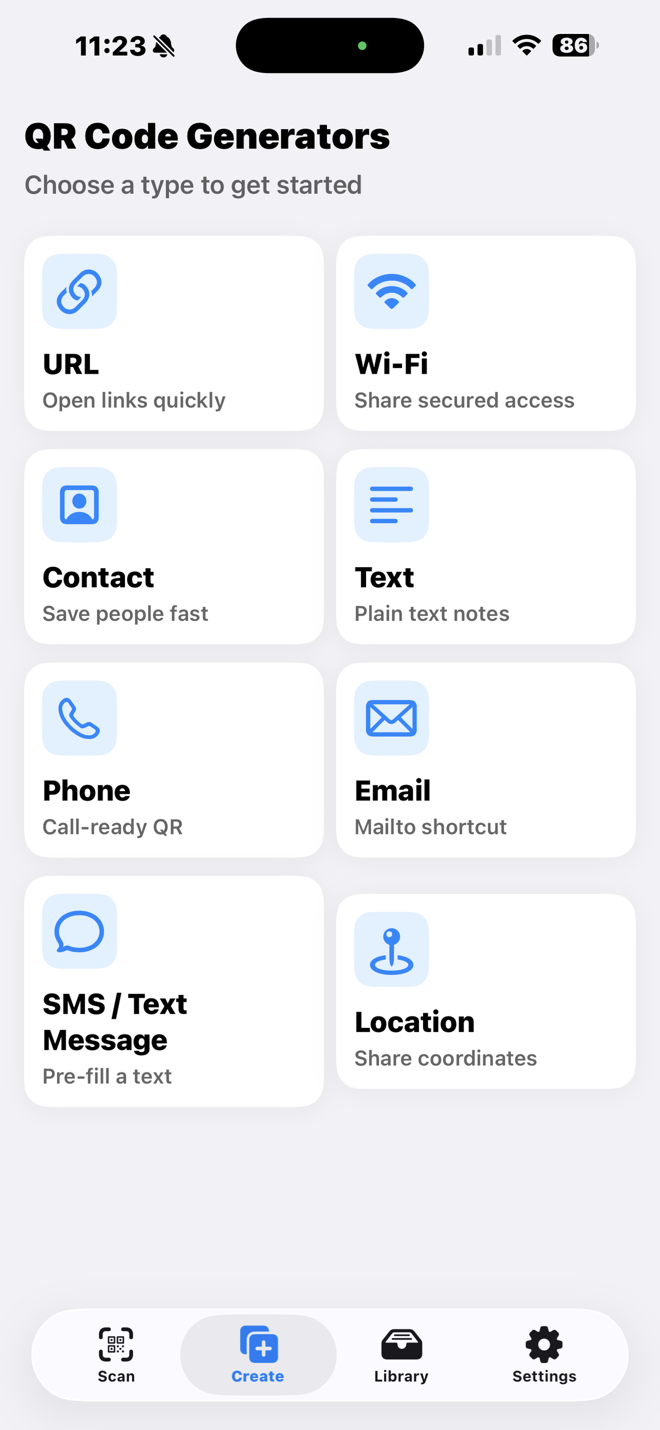QR Code Expert generator picker with URL, Wi-Fi, contact, text, phone, email, SMS, and location options