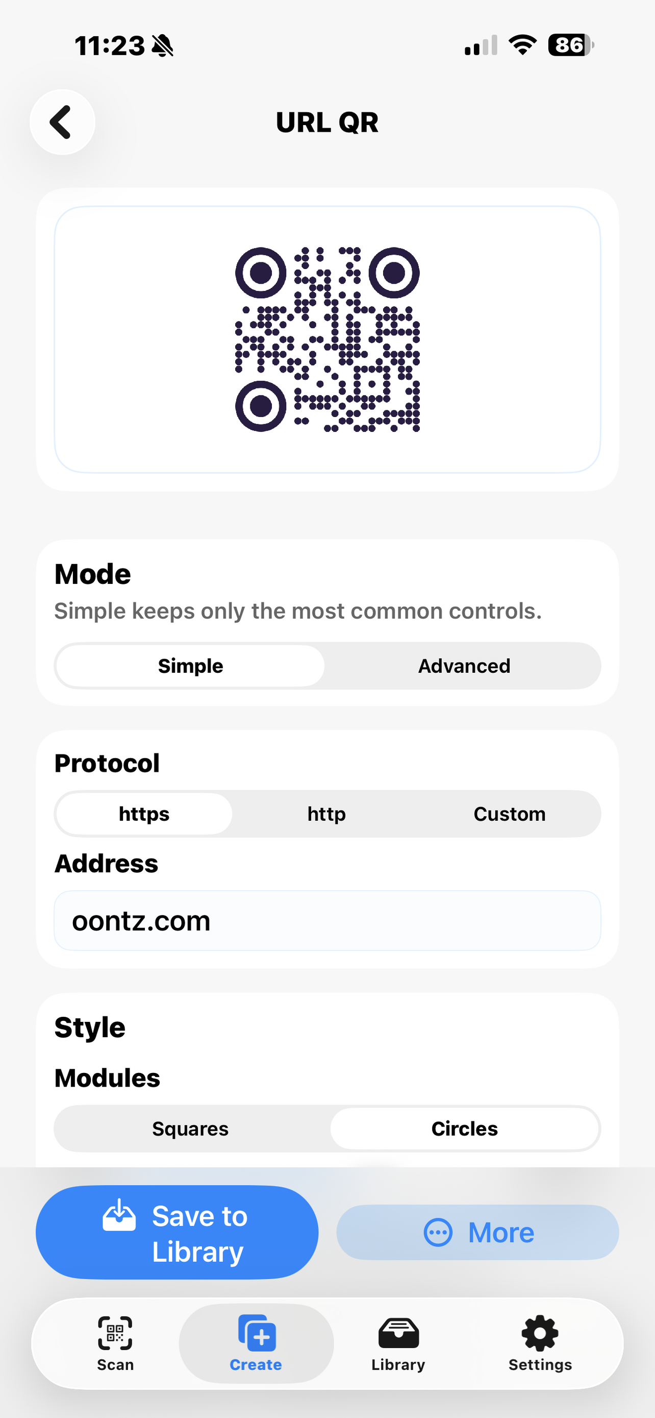 QR Code Expert URL QR editor with simple and advanced modes, protocol selection, address field, and style controls