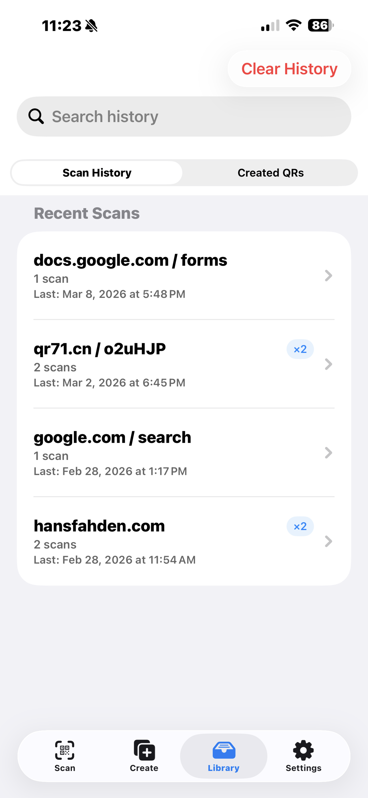 QR Code Expert scan history list with search, recent scans, timestamps, and repeat scan counts