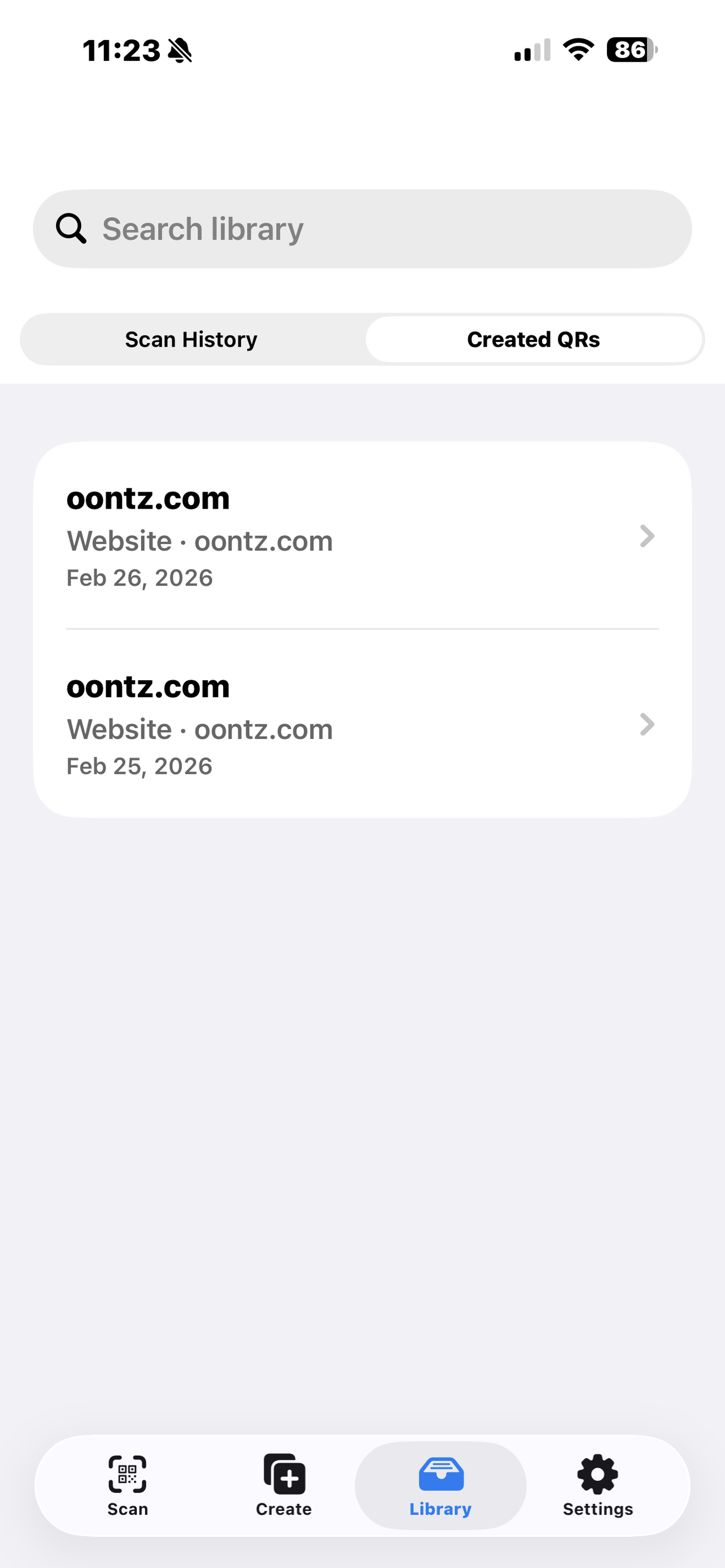 QR Code Expert created QR library with search and saved website QR entries