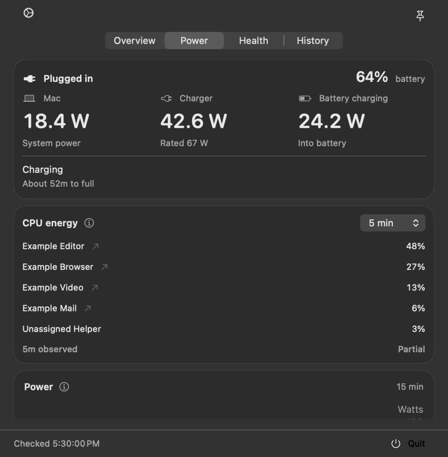 WattBar Power view ranking five apps and processes by their share of tracked CPU energy