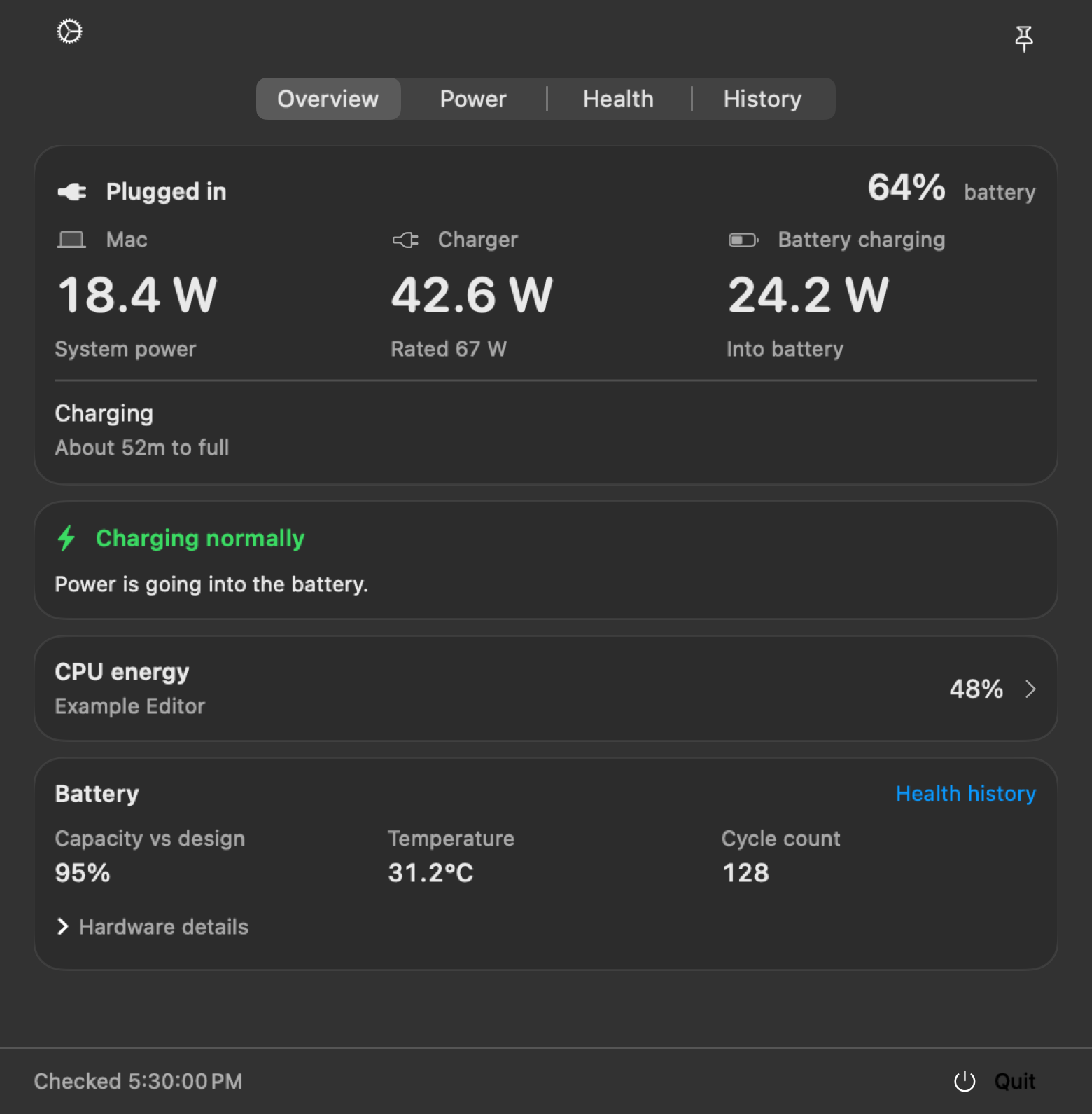 WattBar Overview showing current Mac power, charger input, battery charging power, CPU energy, and battery health