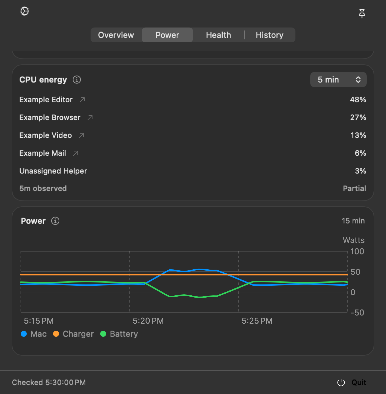 WattBar graph showing 15 minutes of Mac, charger, and battery power