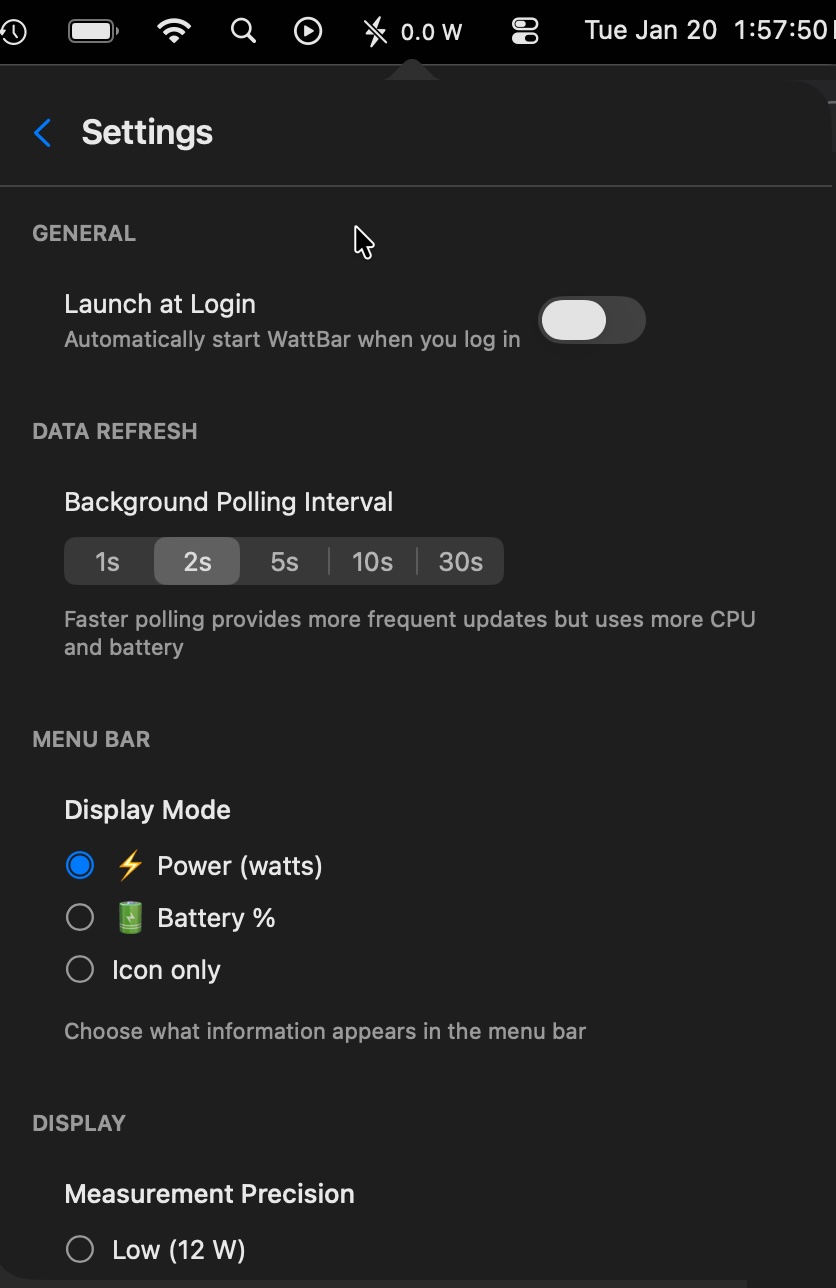 WattBar Settings interface showing launch at login, background polling intervals, display modes, and measurement precision options
